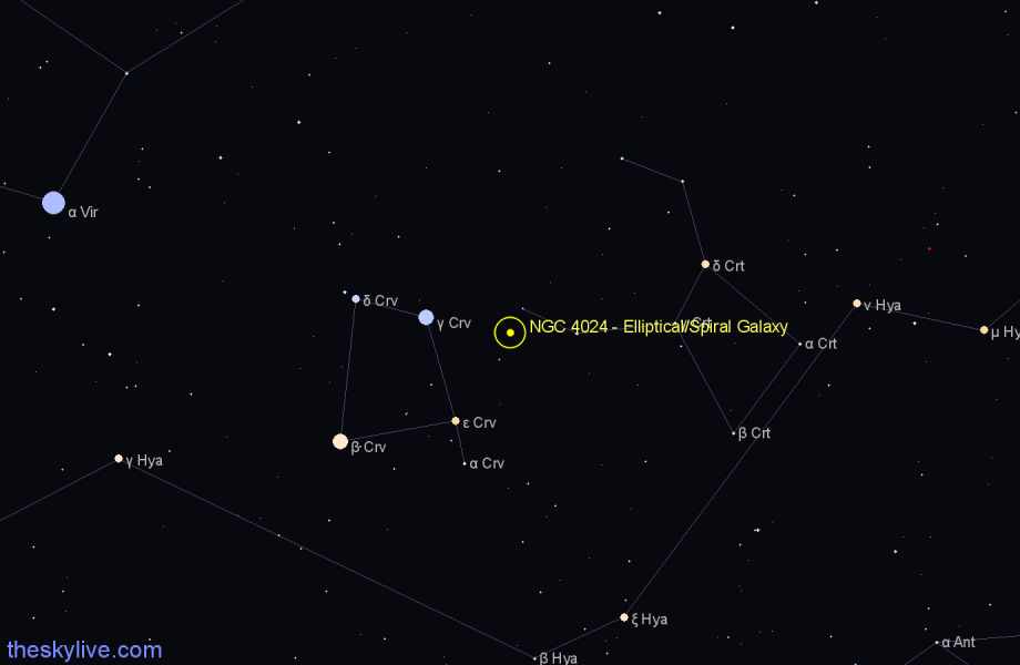 Finder chart NGC 4024 - Elliptical/Spiral Galaxy in Corvus star