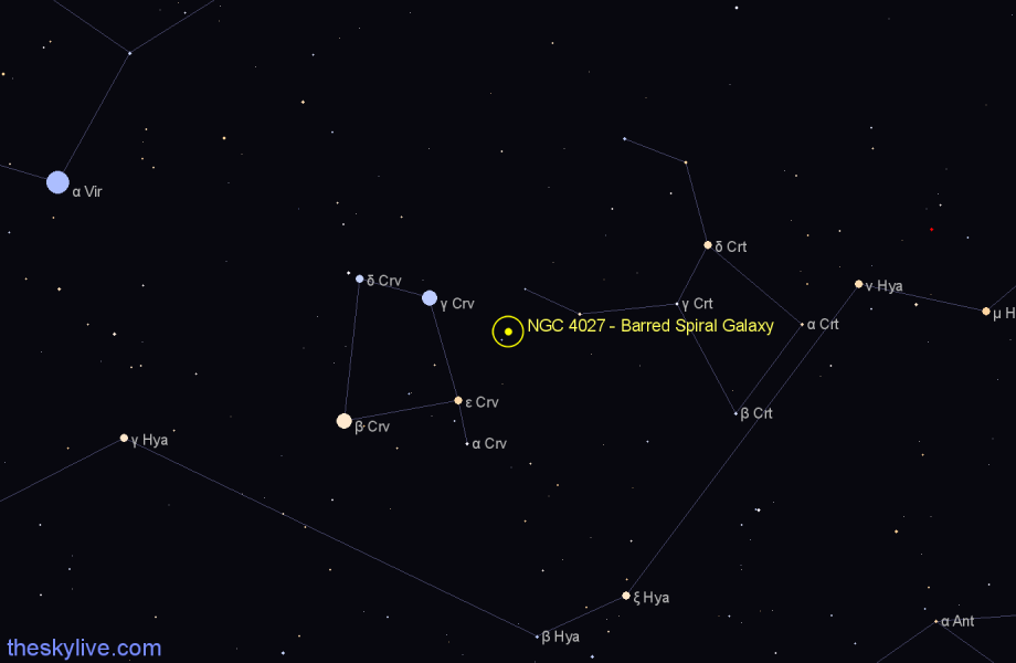 Finder chart NGC 4027 - Barred Spiral Galaxy in Corvus star