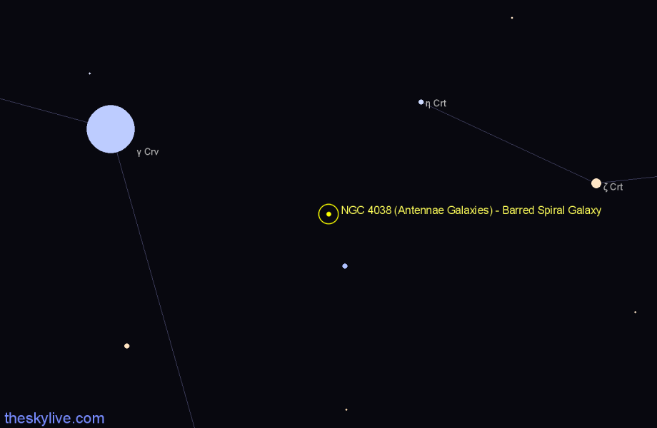 Finder chart NGC 4038 (Antennae Galaxies) - Barred Spiral Galaxy in Corvus star