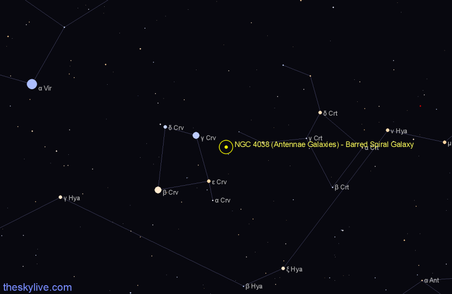 Finder chart NGC 4038 (Antennae Galaxies) - Barred Spiral Galaxy in Corvus star