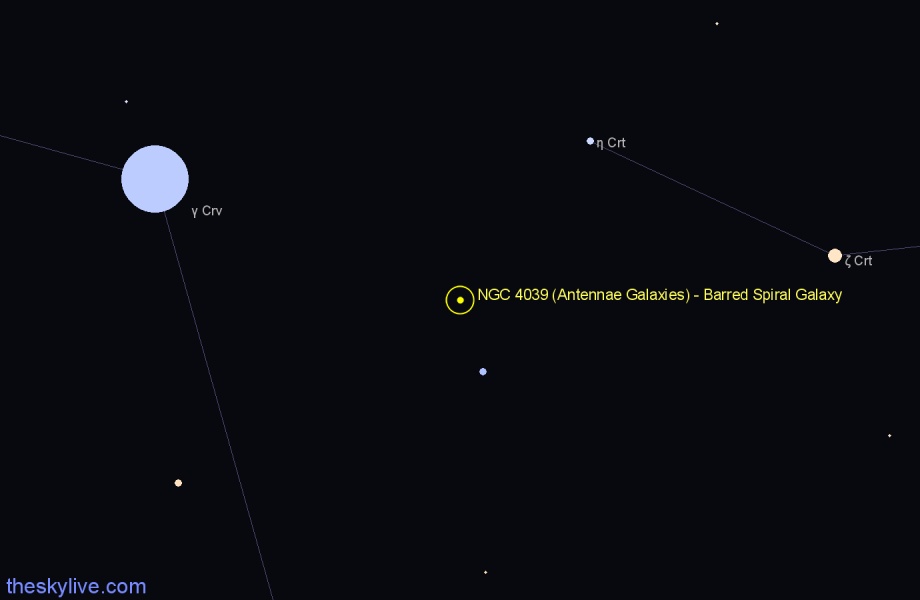 Finder chart NGC 4039 (Antennae Galaxies) - Barred Spiral Galaxy in Corvus star