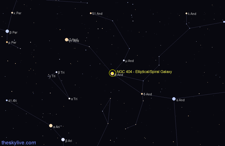 Finder chart NGC 404 - Elliptical/Spiral Galaxy in Andromeda star