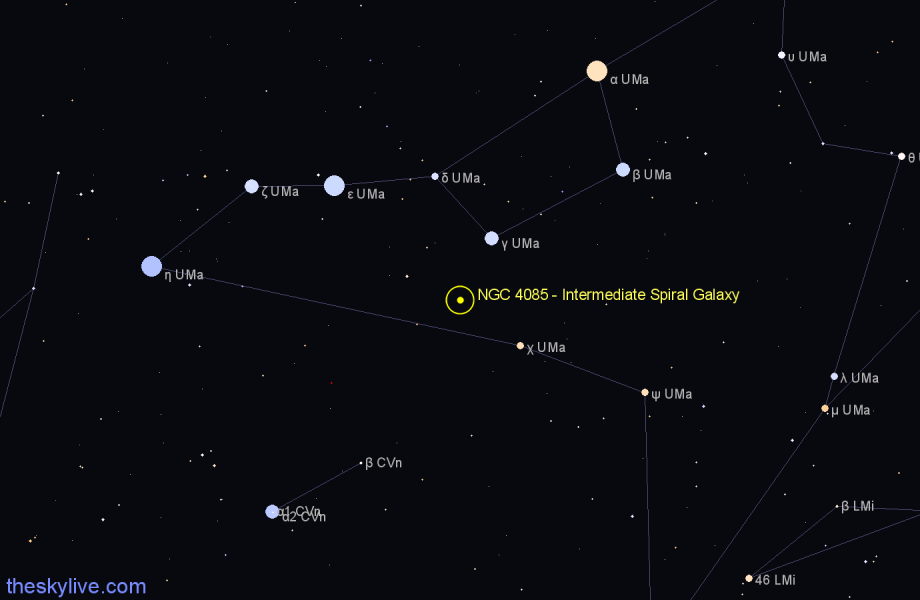 Finder chart NGC 4085 - Intermediate Spiral Galaxy in Ursa Major star