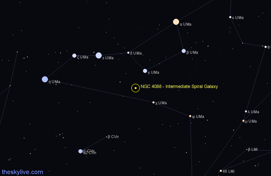 Finder chart NGC 4088 - Intermediate Spiral Galaxy in Ursa Major star