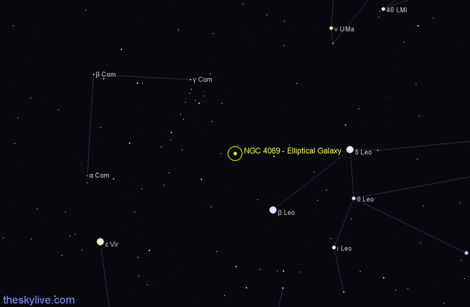 Finder chart NGC 4089 - Elliptical Galaxy in Coma Berenices star