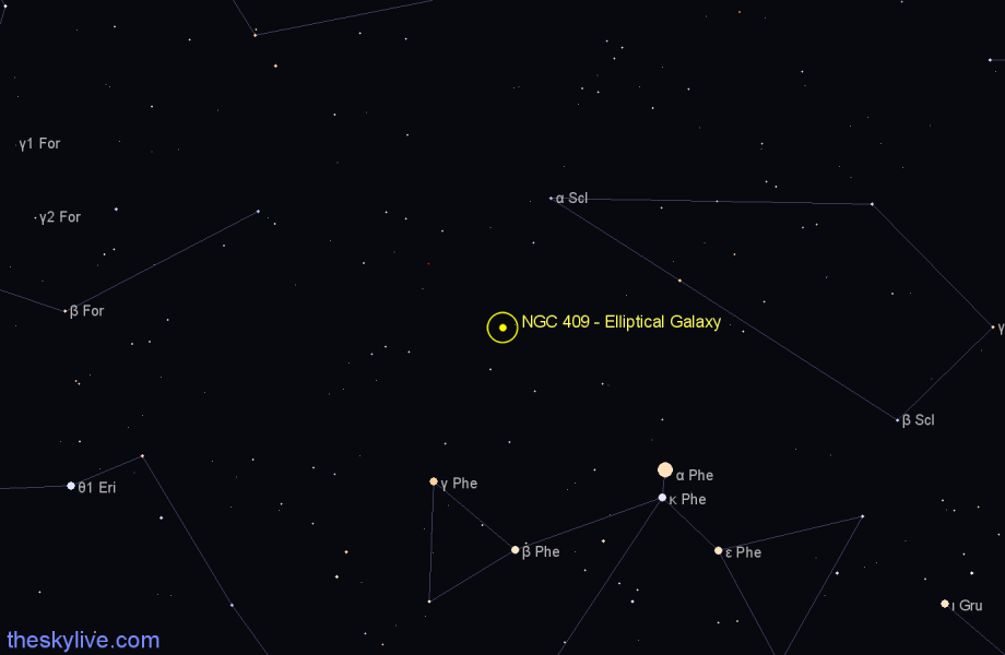 Finder chart NGC 409 - Elliptical Galaxy in Sculptor star