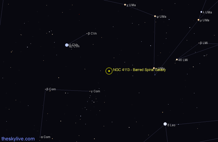 Finder chart NGC 4113 - Barred Spiral Galaxy in Coma Berenices star