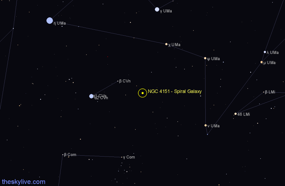 Finder chart NGC 4151 - Spiral Galaxy in Canes Venatici star