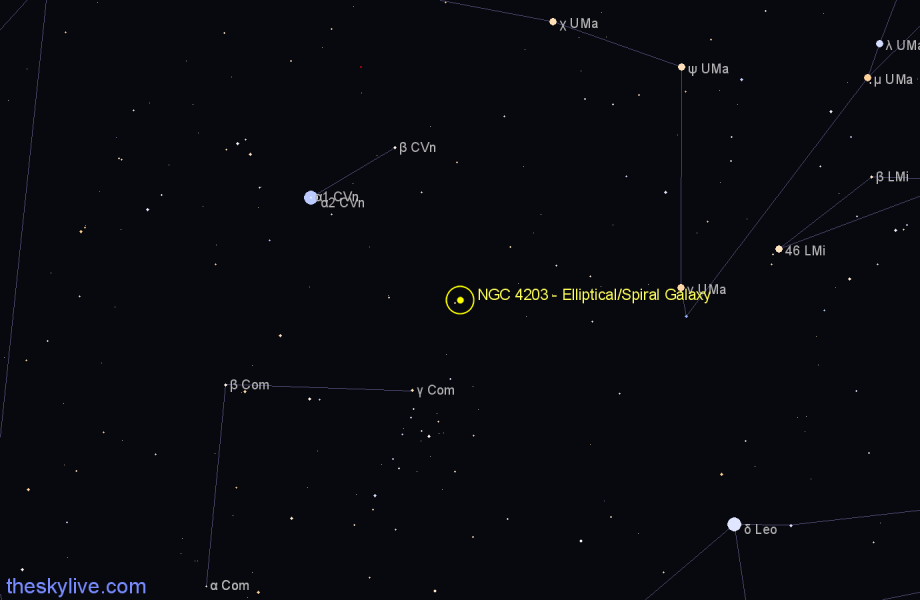 Finder chart NGC 4203 - Elliptical/Spiral Galaxy in Coma Berenices star