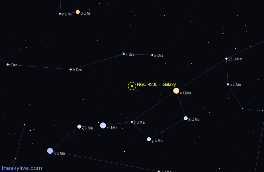 Finder chart NGC 4205 -  Galaxy in Draco star