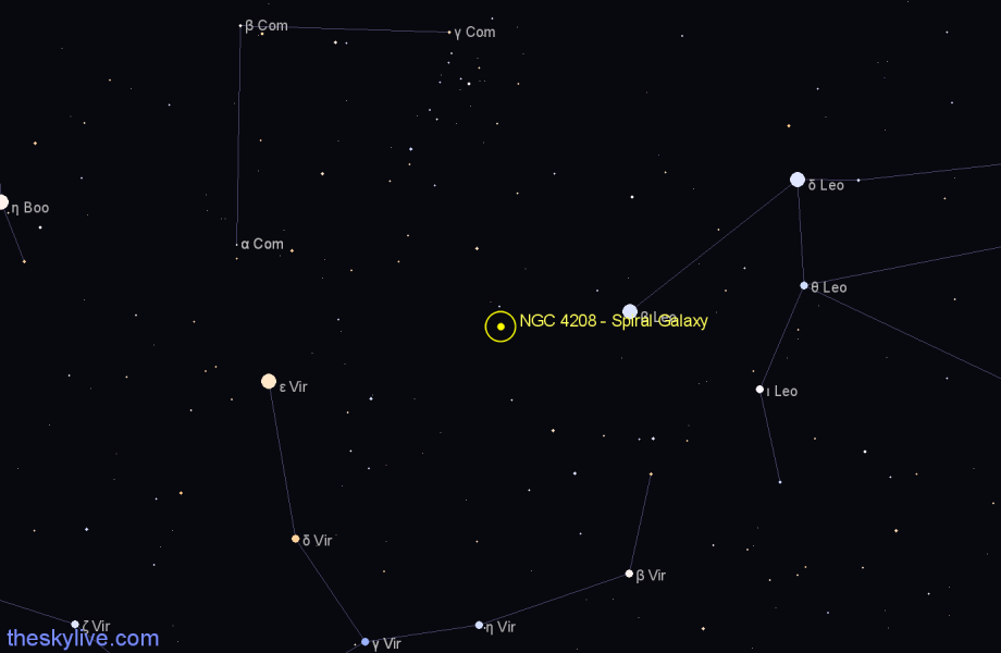 Finder chart NGC 4208 - Spiral Galaxy in Coma Berenices star