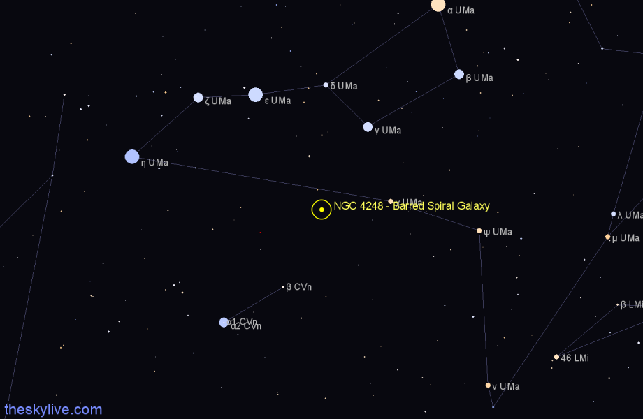 Finder chart NGC 4248 - Barred Spiral Galaxy in Canes Venatici star