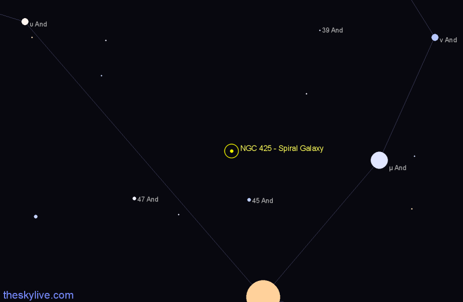 Finder chart NGC 425 - Spiral Galaxy in Andromeda star