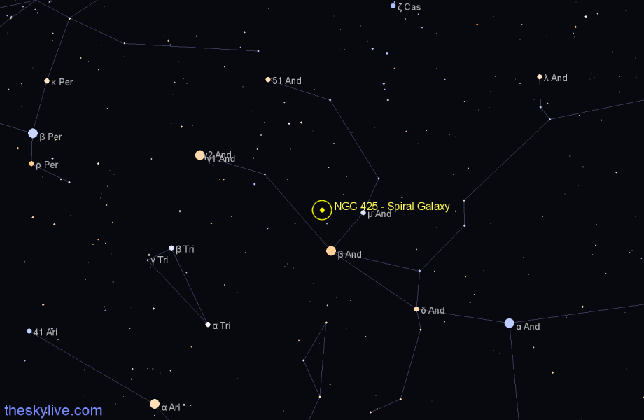 Finder chart NGC 425 - Spiral Galaxy in Andromeda star