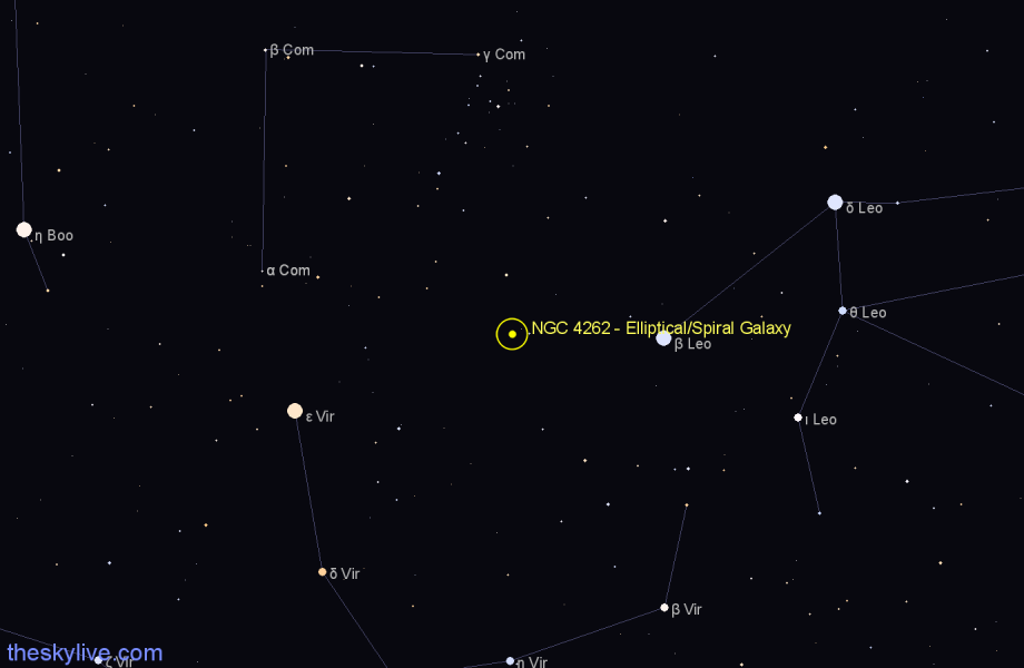 Finder chart NGC 4262 - Elliptical/Spiral Galaxy in Coma Berenices star