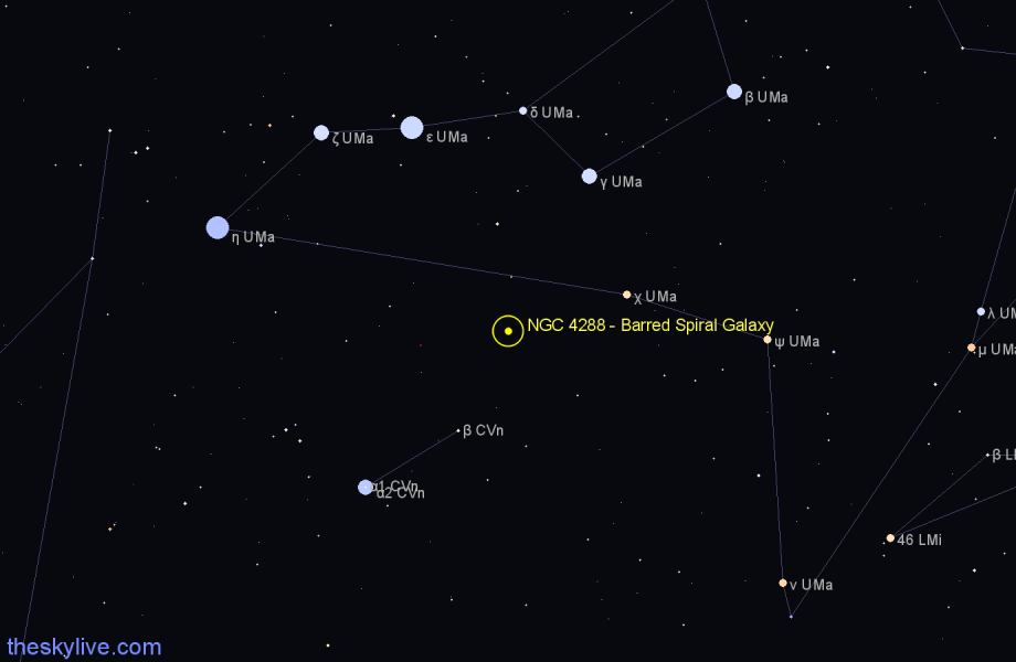Finder chart NGC 4288 - Barred Spiral Galaxy in Canes Venatici star