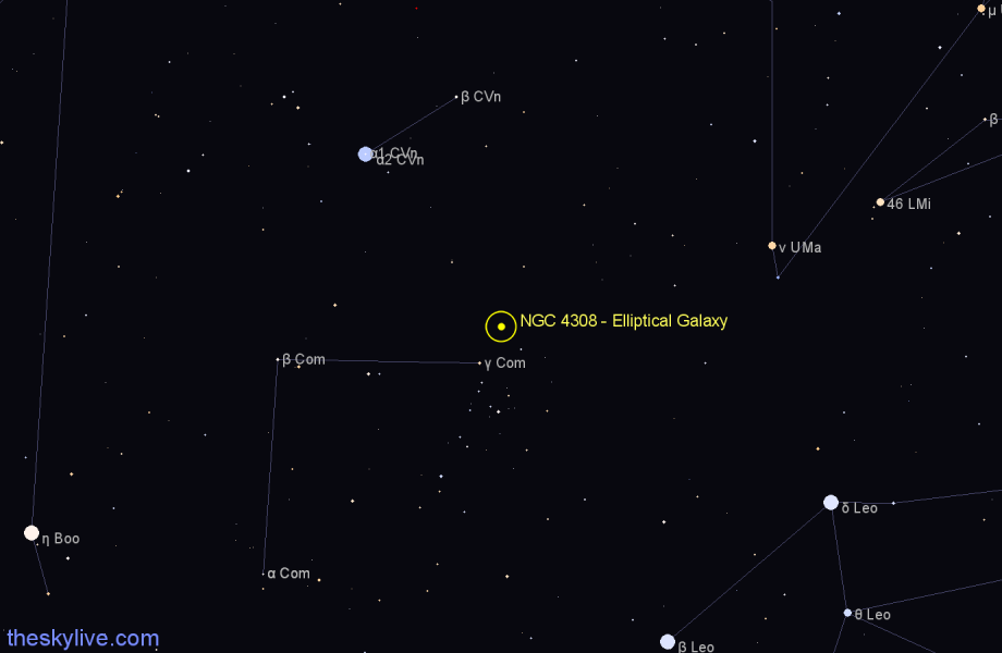 Finder chart NGC 4308 - Elliptical Galaxy in Coma Berenices star