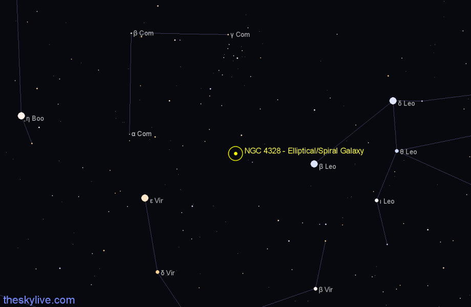 Finder chart NGC 4328 - Elliptical/Spiral Galaxy in Coma Berenices star