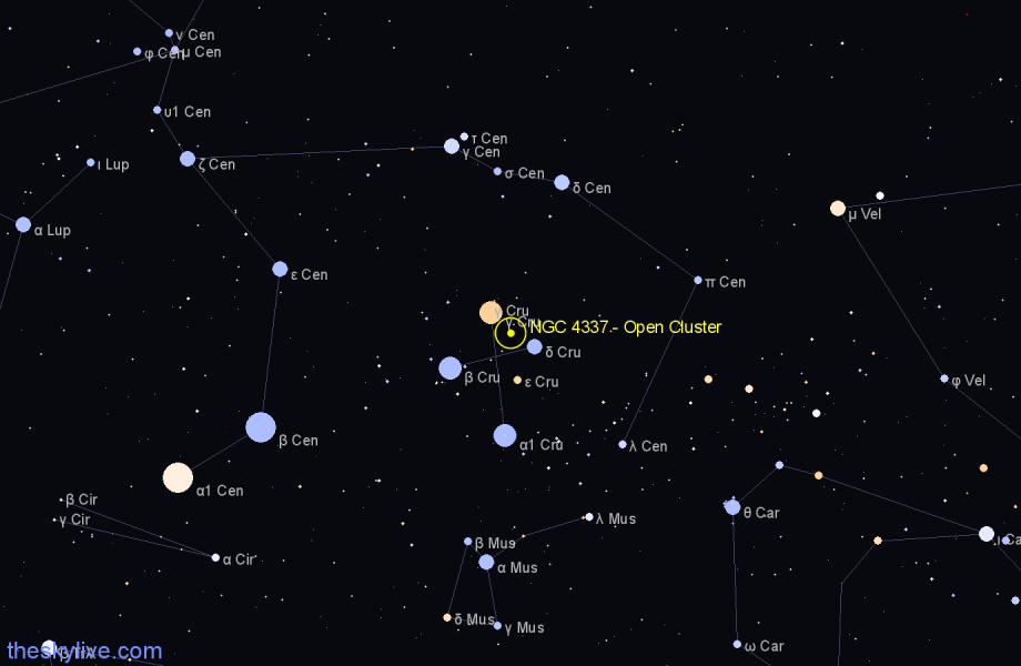 Finder chart NGC 4337 - Open Cluster in Crux star