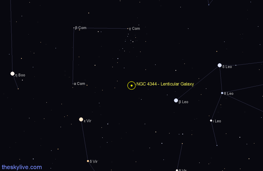 Finder chart NGC 4344 - Lenticular Galaxy in Coma Berenices star