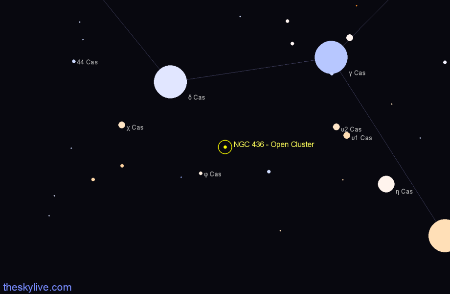 Finder chart NGC 436 - Open Cluster in Cassiopeia star