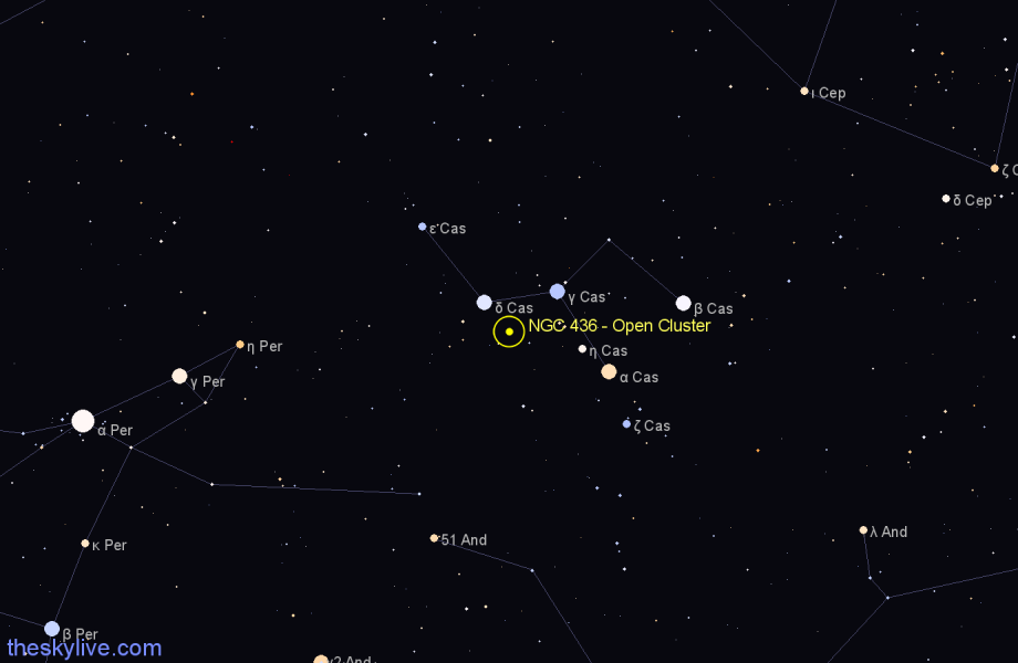 Finder chart NGC 436 - Open Cluster in Cassiopeia star