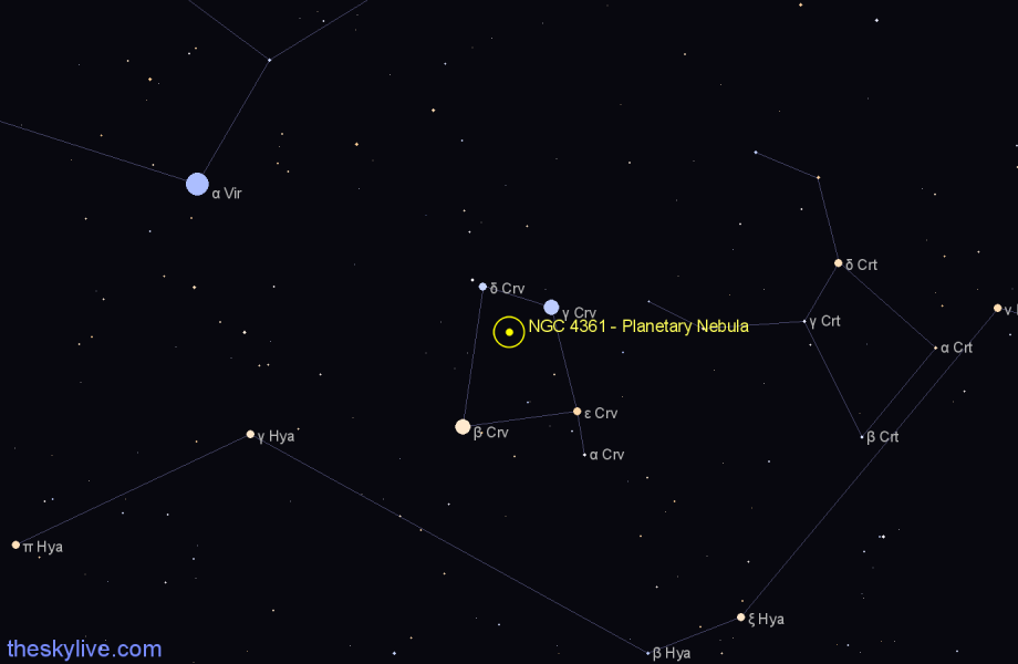 Finder chart NGC 4361 - Planetary Nebula in Corvus star