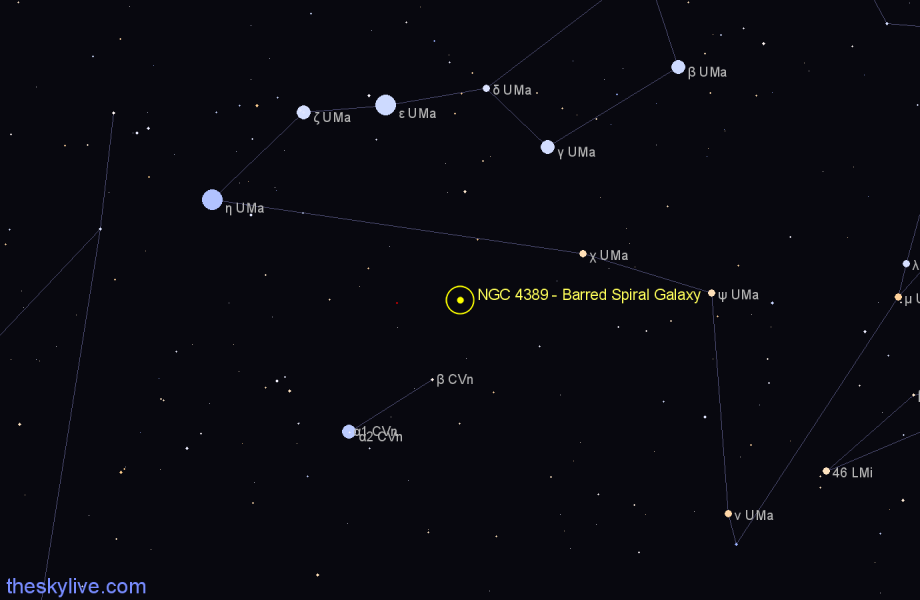 Finder chart NGC 4389 - Barred Spiral Galaxy in Canes Venatici star