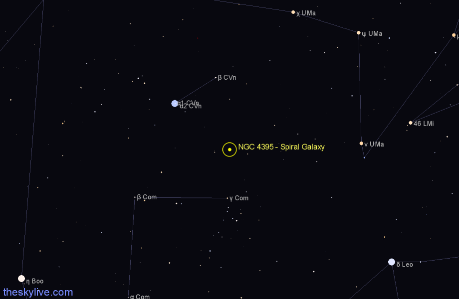 Finder chart NGC 4395 - Spiral Galaxy in Canes Venatici star