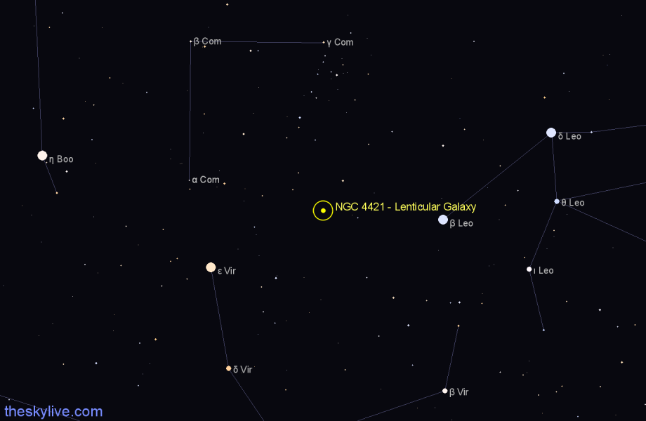 Finder chart NGC 4421 - Lenticular Galaxy in Coma Berenices star