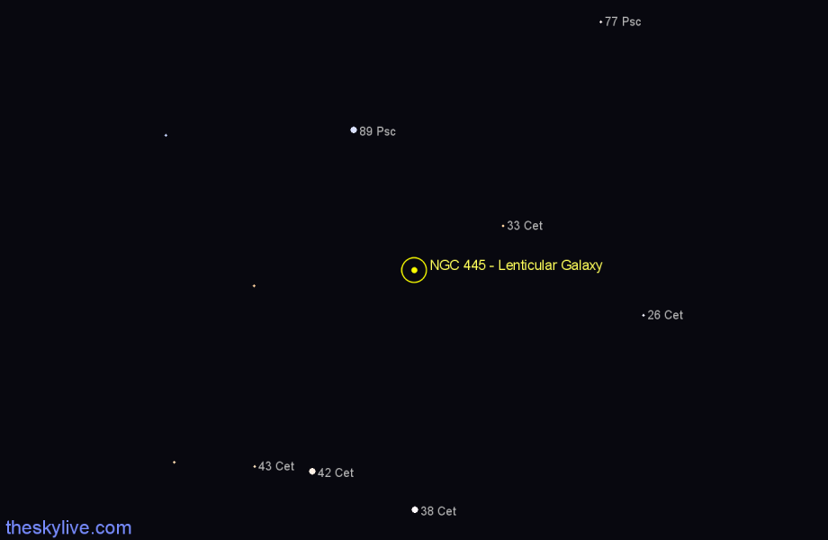 Finder chart NGC 445 - Lenticular Galaxy in Cetus star