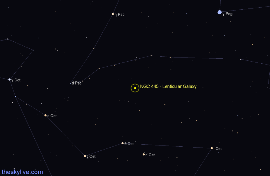 Finder chart NGC 445 - Lenticular Galaxy in Cetus star