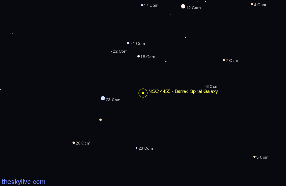 Finder chart NGC 4455 - Barred Spiral Galaxy in Coma Berenices star