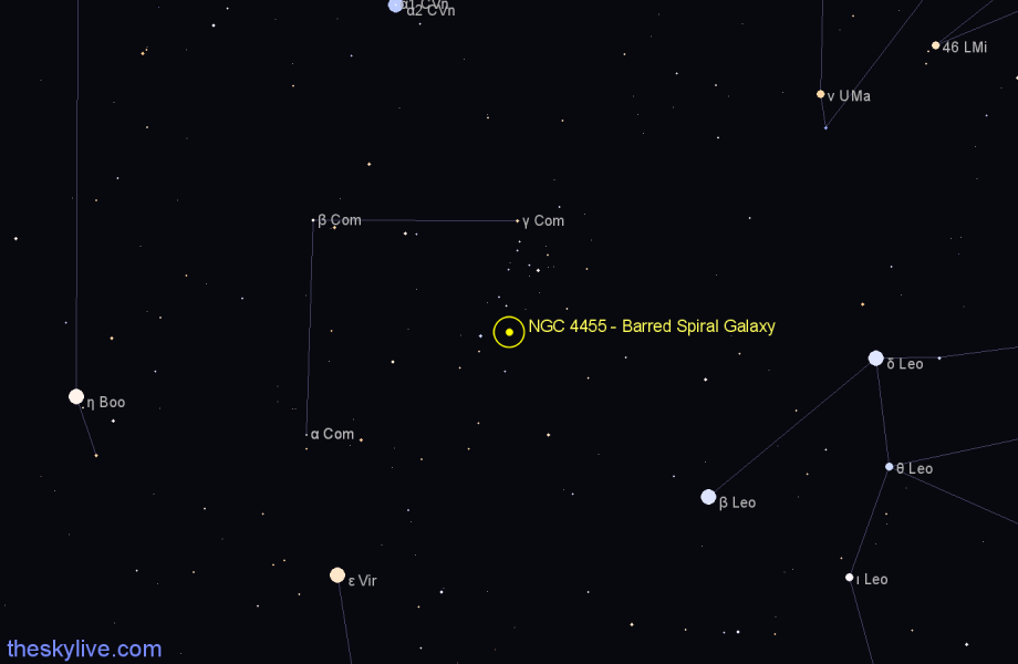 Finder chart NGC 4455 - Barred Spiral Galaxy in Coma Berenices star