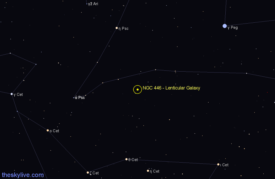 Finder chart NGC 446 - Lenticular Galaxy in Pisces star