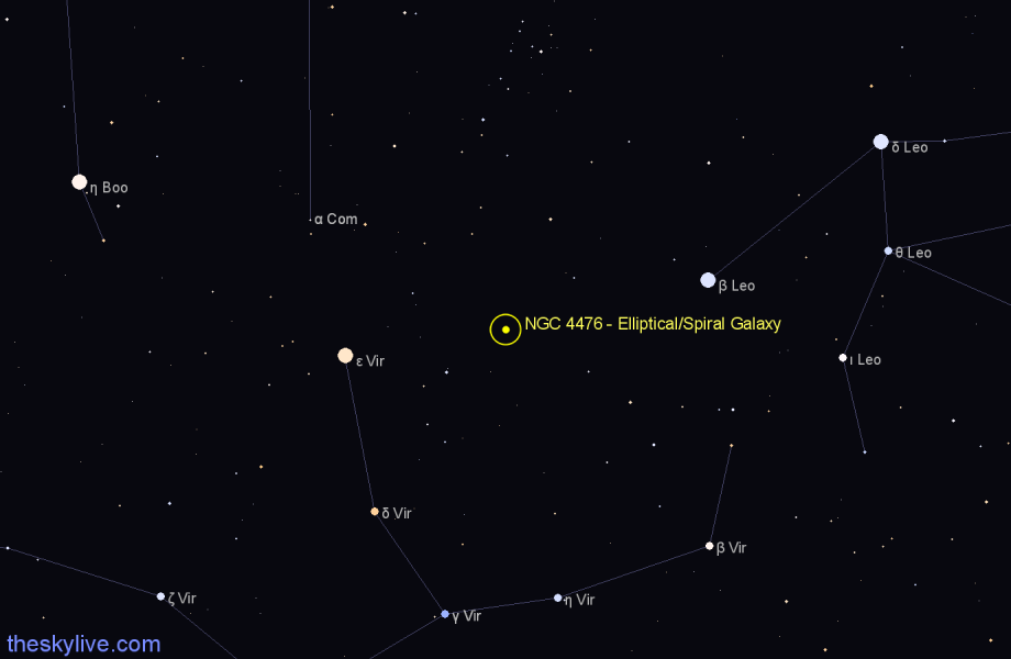 Finder chart NGC 4476 - Elliptical/Spiral Galaxy in Virgo star