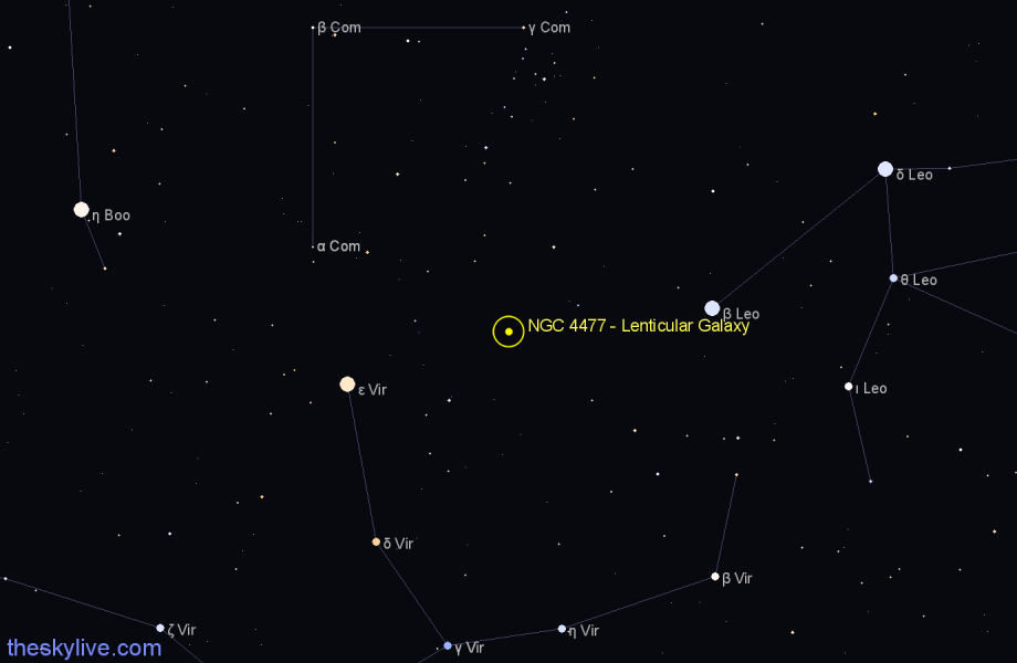 Finder chart NGC 4477 - Lenticular Galaxy in Coma Berenices star