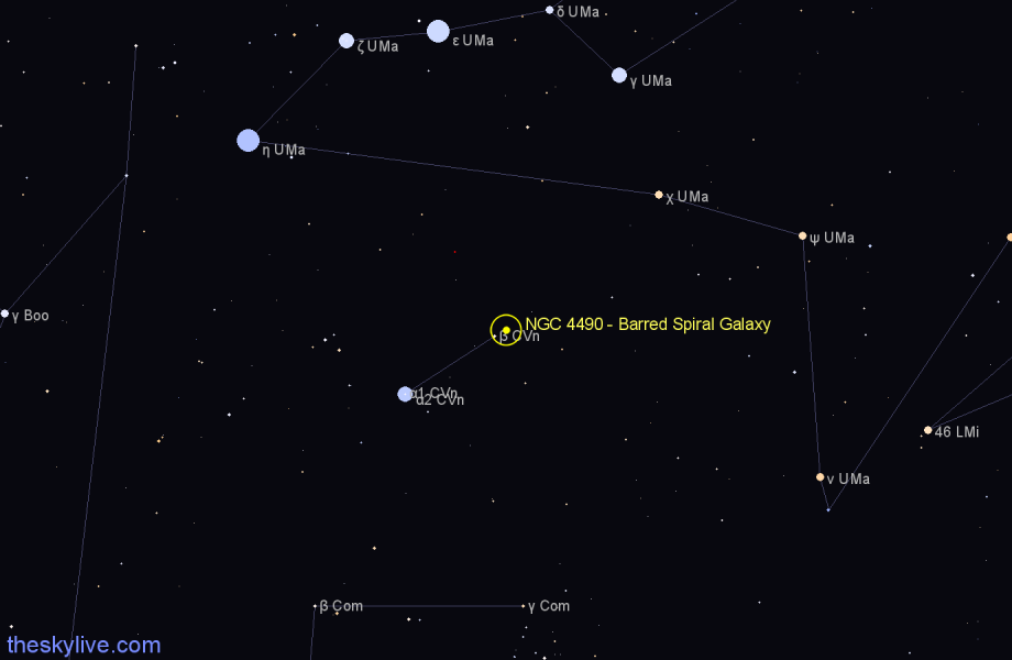 Finder chart NGC 4490 - Barred Spiral Galaxy in Canes Venatici star