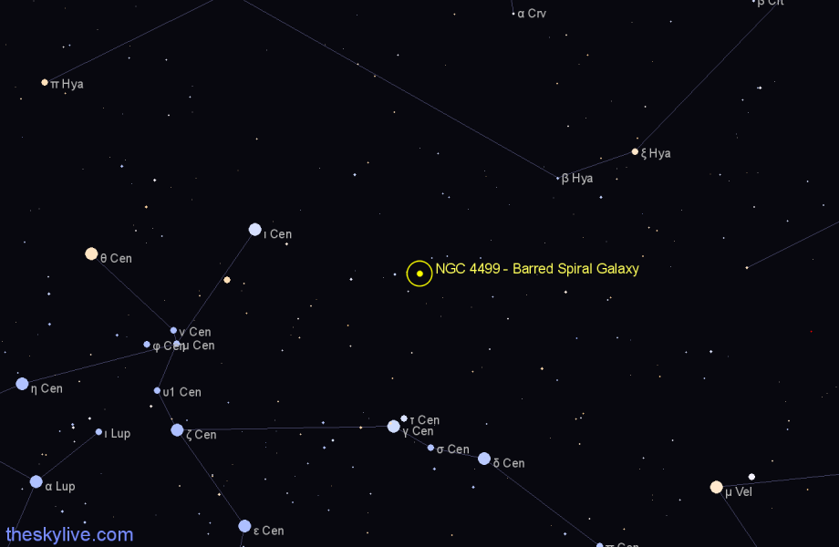 Finder chart NGC 4499 - Barred Spiral Galaxy in Centaurus star