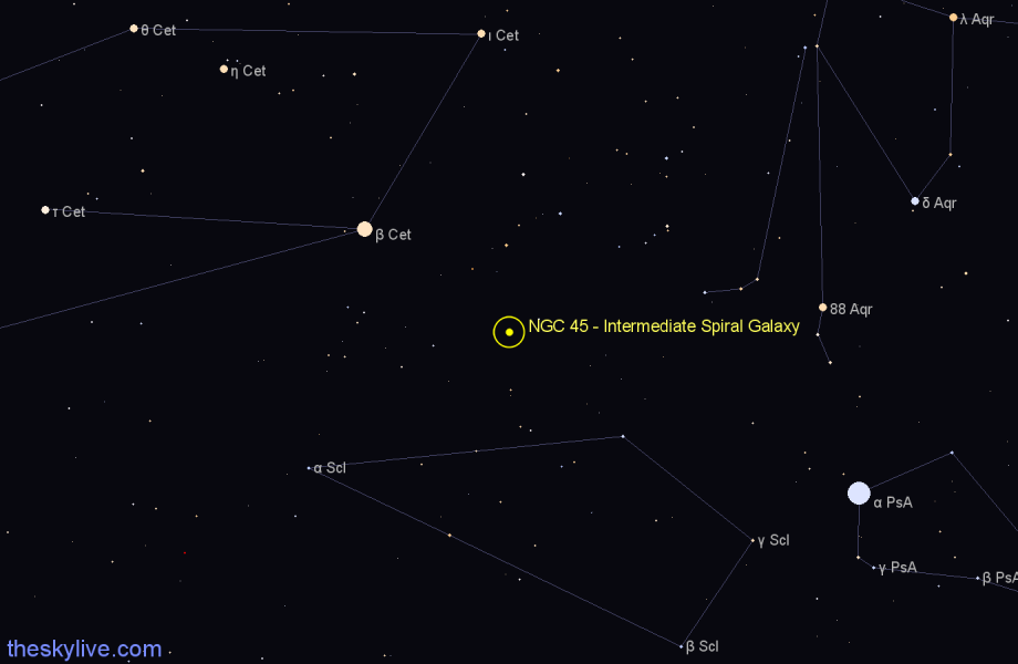 Finder chart NGC 45 - Intermediate Spiral Galaxy in Cetus star