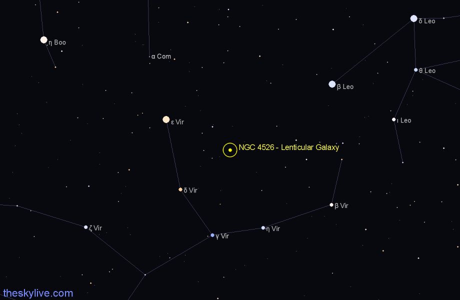 Finder chart NGC 4526 - Lenticular Galaxy in Virgo star