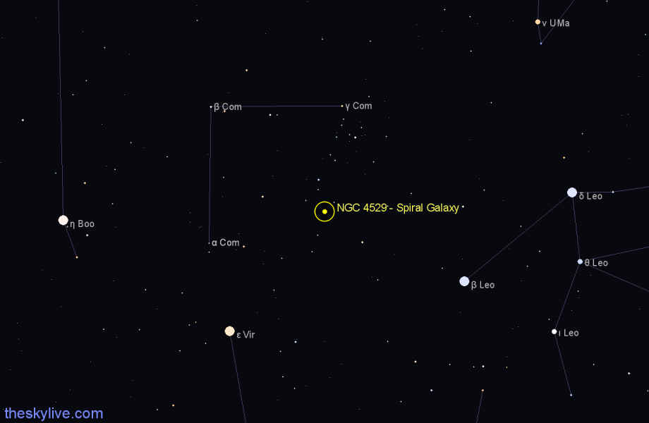 Finder chart NGC 4529 - Spiral Galaxy in Coma Berenices star