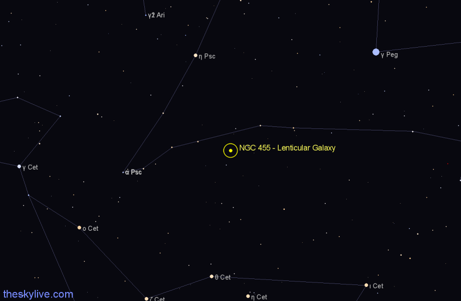 Finder chart NGC 455 - Lenticular Galaxy in Pisces star