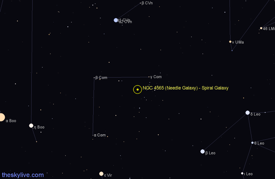 Finder chart NGC 4565 (Needle Galaxy) - Spiral Galaxy in Coma Berenices star