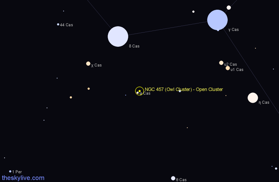 Finder chart NGC 457 (Owl Cluster) - Open Cluster in Cassiopeia star