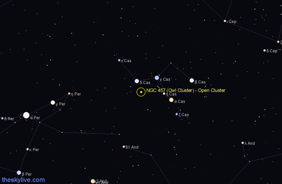 Finder chart NGC 457 (Owl Cluster) - Open Cluster in Cassiopeia star