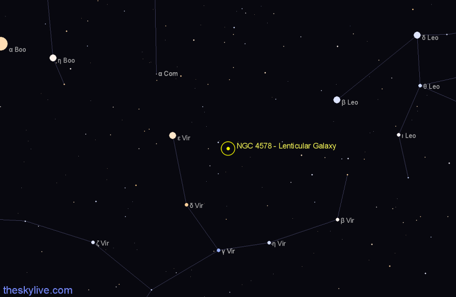 Finder chart NGC 4578 - Lenticular Galaxy in Virgo star