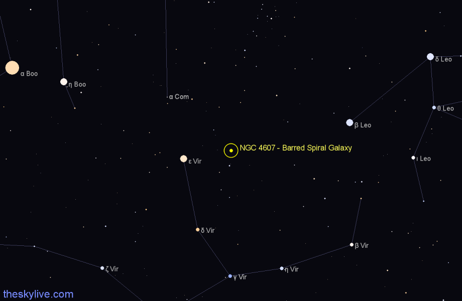 Finder chart NGC 4607 - Barred Spiral Galaxy in Virgo star