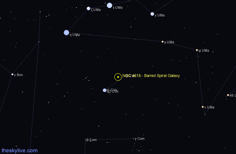 Finder chart NGC 4618 - Barred Spiral Galaxy in Canes Venatici star