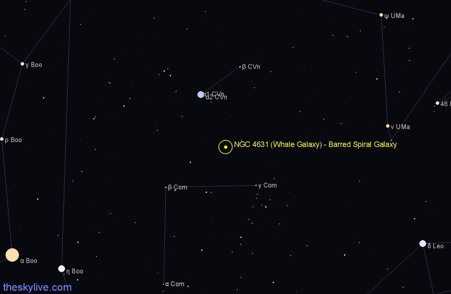 Finder chart NGC 4631 (Whale Galaxy) - Barred Spiral Galaxy in Canes Venatici star